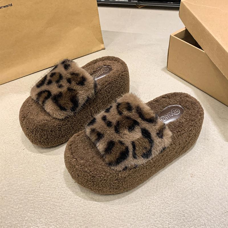 Leopard Print Fluffy Slippers Women's 2025 Autumn and Winter New Fashion Slippers Can Be Worn Outside European and American Style Wild Animal Patt