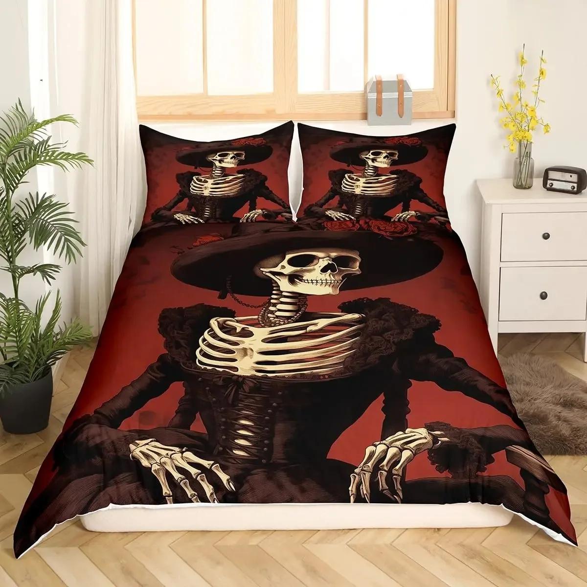 

Sugar Skull Lover Duvet Cover King Kissing Couple Skeleton Bedding Set Red Rose Comforter Cover Death And Love Theme Quilt Cover EU Single(135*200cm)3pcs