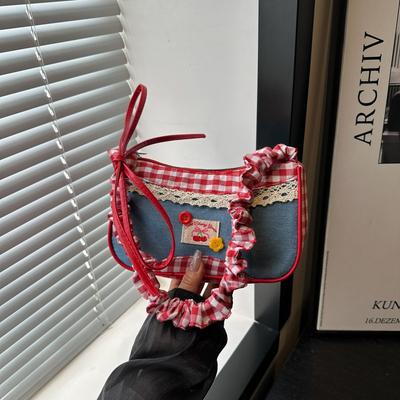 Cute Versatile Shoulder Bag Plaid Small Fresh Portable Commuter Bag Niche Design Large Capacity Casual Armpit Bag
