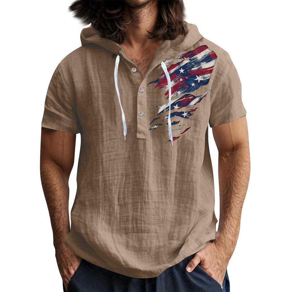 Men'S Casual Short Sleeved Hooded Top Buttoned Open Neck T-Shirt