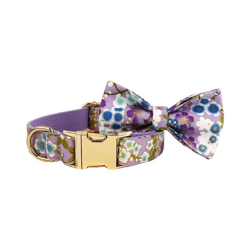 Purple Japanese Floral Dog Collar & Leash with Custom Engraving Option