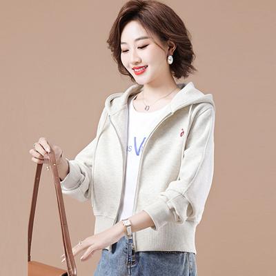 Women Casual Hooded Sweatshirt Short Cropped Loose Zip Up Jacket