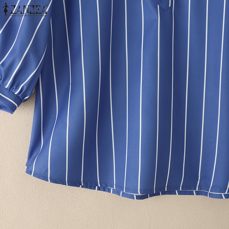 ZANZEA Women Casual Stand Collar Loose 3/4 Sleeve Stripe Blouse