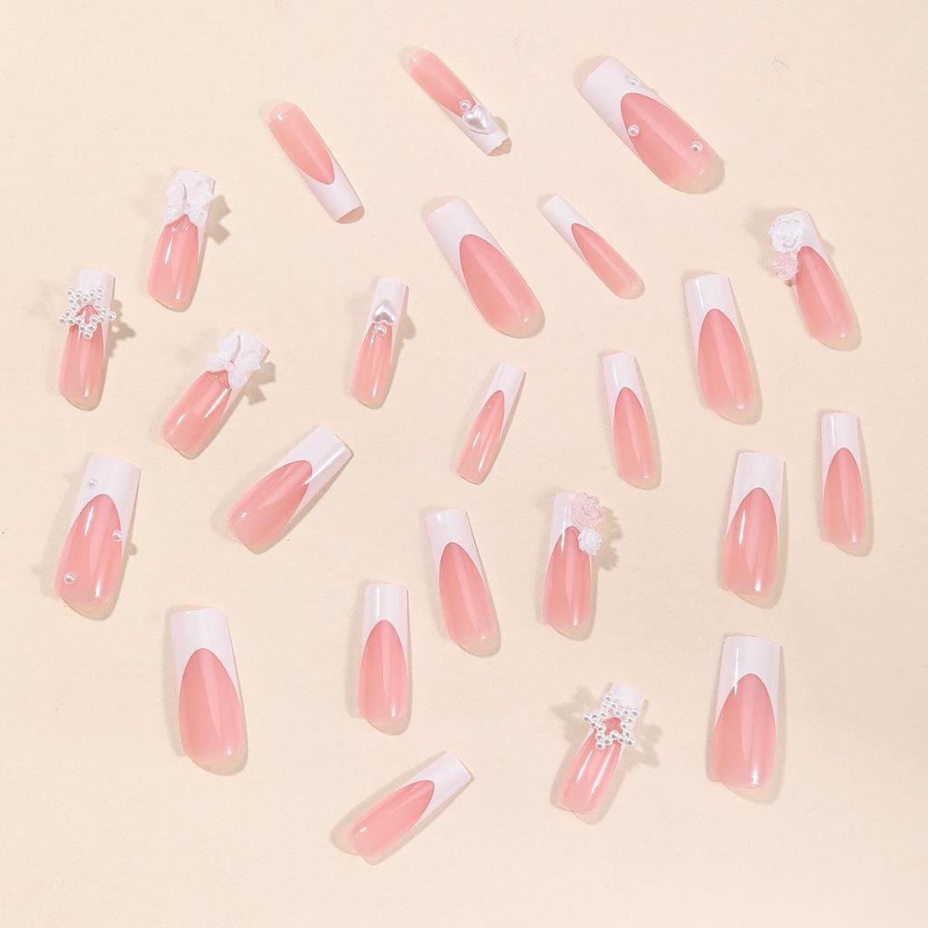 Wearable White French Camellia Bow Star Pearl Removable Nail Patches
