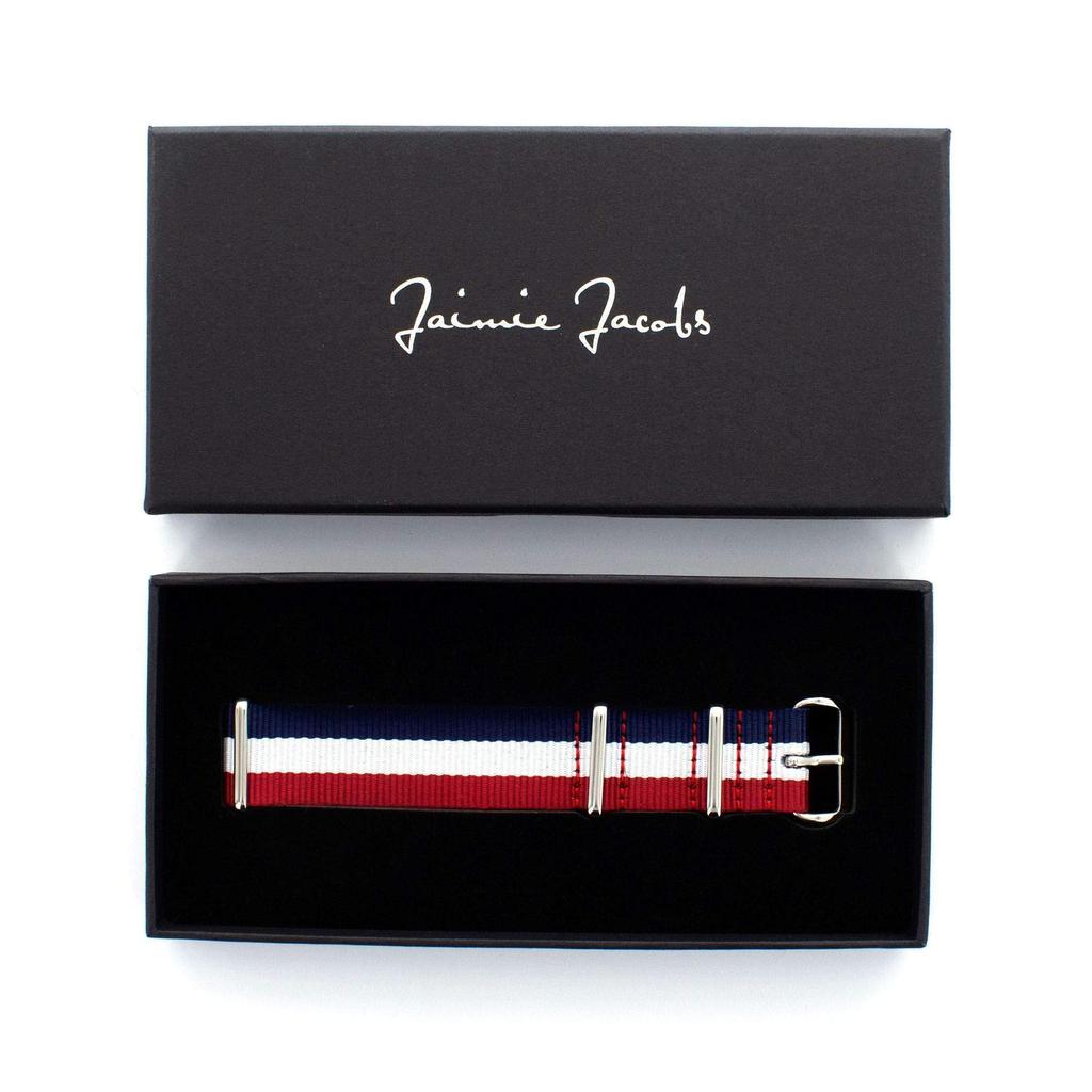 Jaimie Jacobs LEHEL SCHWABING MAXVORSTADT Watch Made In Germany Silver Strap, (Nato Strap, Red, White, Blue, Buckle)