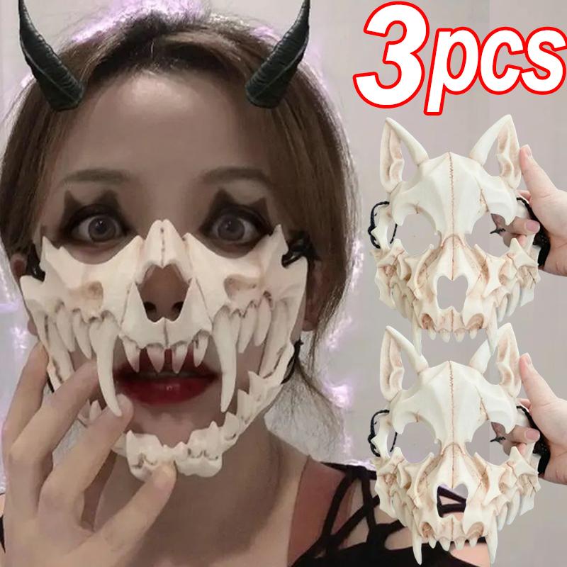2025 New Halloween Mask Half-face Mask Cos Dragon God Fierce Tiger Night Fork Tengu Man Wolf Mask Performance Skull Masks