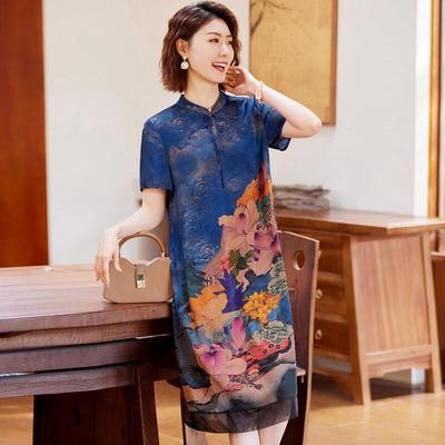 Pastel New Chinese Style Retro Print Mid-length Dress