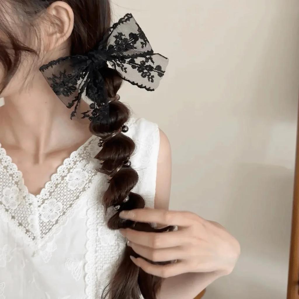 Lace Bow Bead Bubble Braid Hair Braiding Tool Elastic Hair Ties with Beads Side Ponytail Hair Ornament Styling Accessory Girls