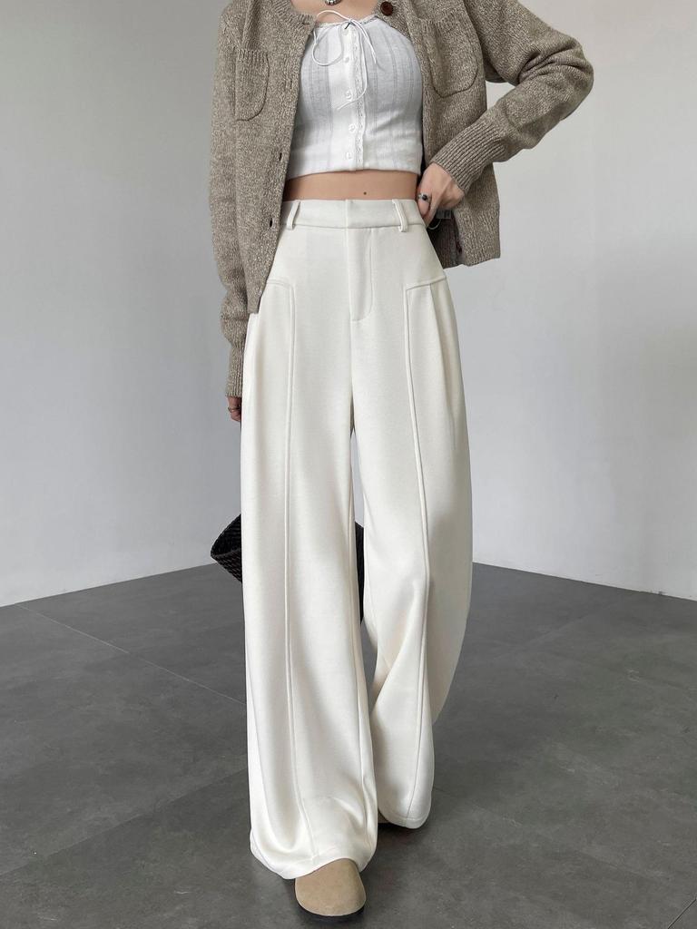 Aixuan Off-White Wool Wide-Leg Casual Pants - Women's High-End Straight-Leg Draped Pants for Autumn 2025
