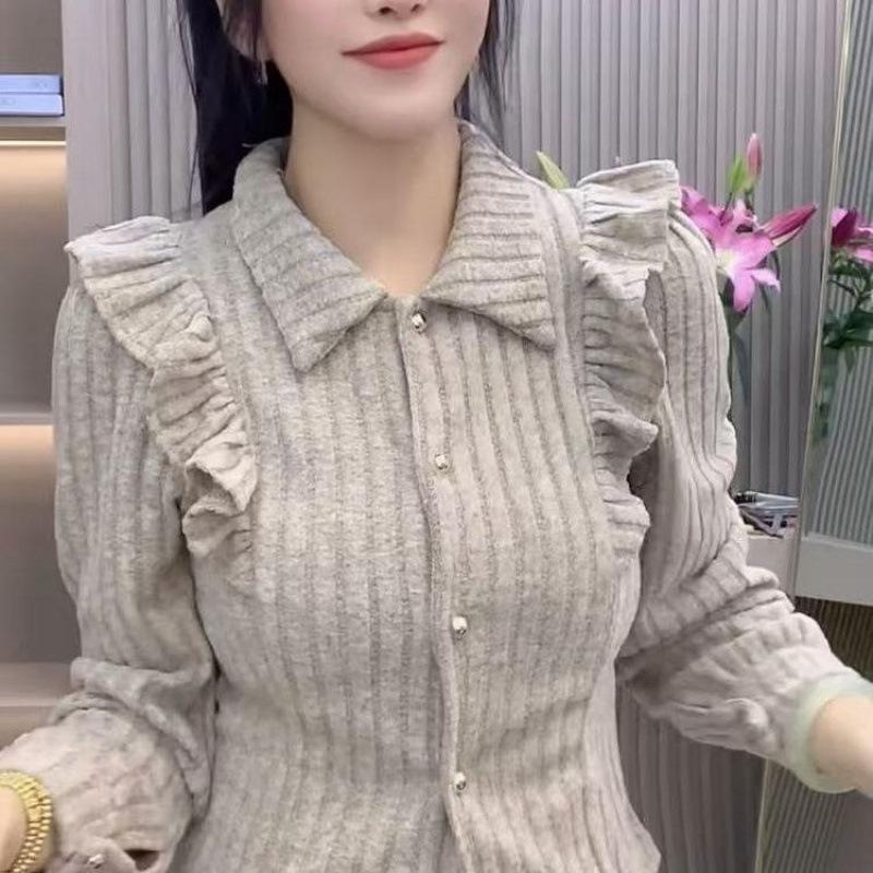 Lotus Leaf Edge Polo Collar Long-sleeved Shirt Women's Autumn and Winter New Temperament Casual Top