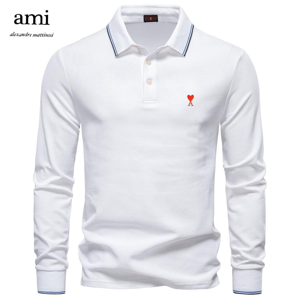 

AMI Мужская рубашка поло с длинным рукавом, вышивка, осень 2025, однотонный мужской топ с отложным воротником, универсальная рубашка поло для мужчин XXL