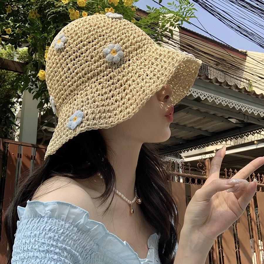 Stylish Blue Floral Straw Fisherman Hat For Women With Wide Brim Breathable Design Ideal For Sun Protection