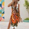 Women Plus Size White Sleeveless U Neck Halloween Ghost Pumpkin Printed Dress High Side Slit Curved Hem