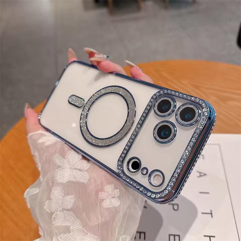 

Роскошный чехол для телефона с гальваническим покрытием, блестящими бриллиантами и прозрачной задней крышкой для iPhone 17 Air 17 Pro Max, с поддержкой магнитной беспроводной зарядки и защитой от падений iPhone 17 Pro Max синий