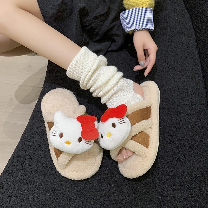 Home soft bottom non-slip comfortable cartoon plush slippers women's season cute kitten one-word drag