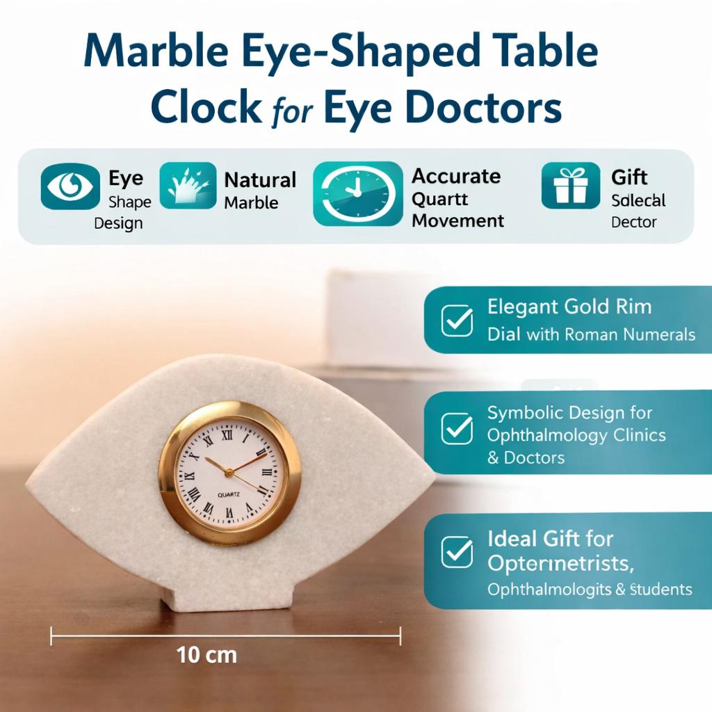Marble Eye-Shaped Table Clock for Eye Doctors | White Marble Desk Clock with Quartz Movement | Ophthalmology Clinic, Hospital & Office Décor