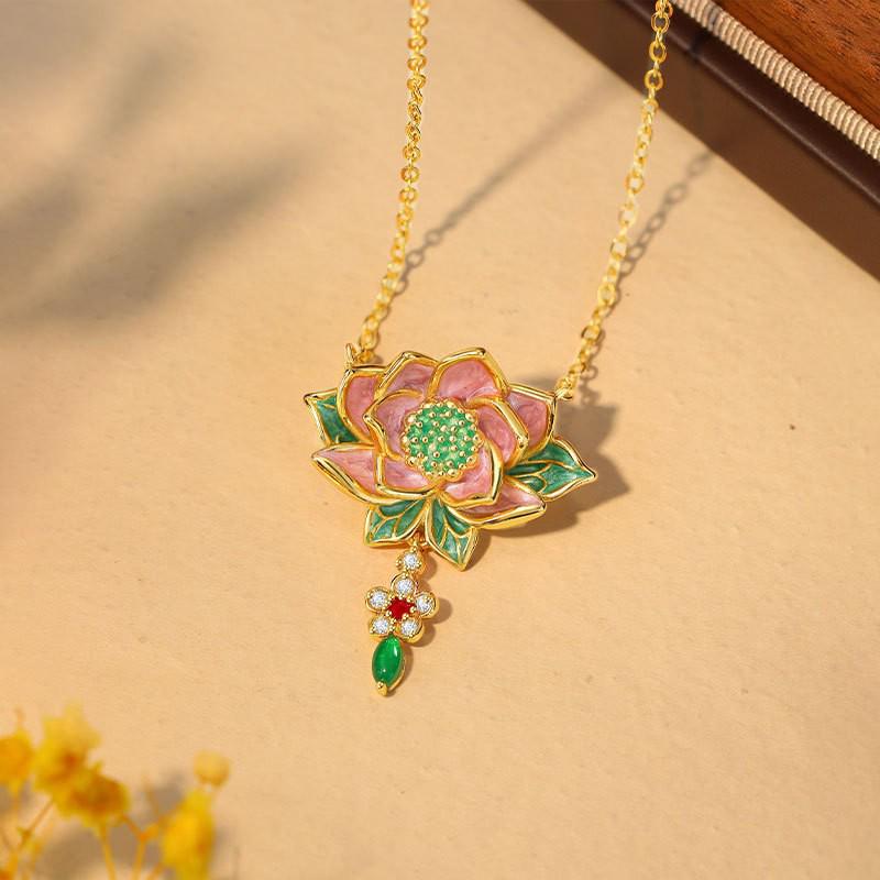 Collana di Loto Smaltata di Alta Gamma in Stile Cinese con Mantenimento del Colore