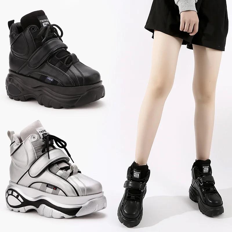 Genuine Leather High top Women Sneakers Wedge Chunky Heel Platform Ankle Height Increase Sports for Adult Women