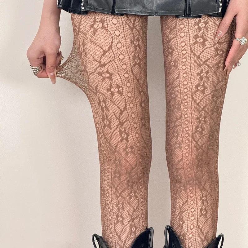 Lolita Floral Fishnet Tights Women 2026 Y2K Streetwear Sexy High Waist Fishnet Stockings Stretchy Pantyhose One Size кофейный