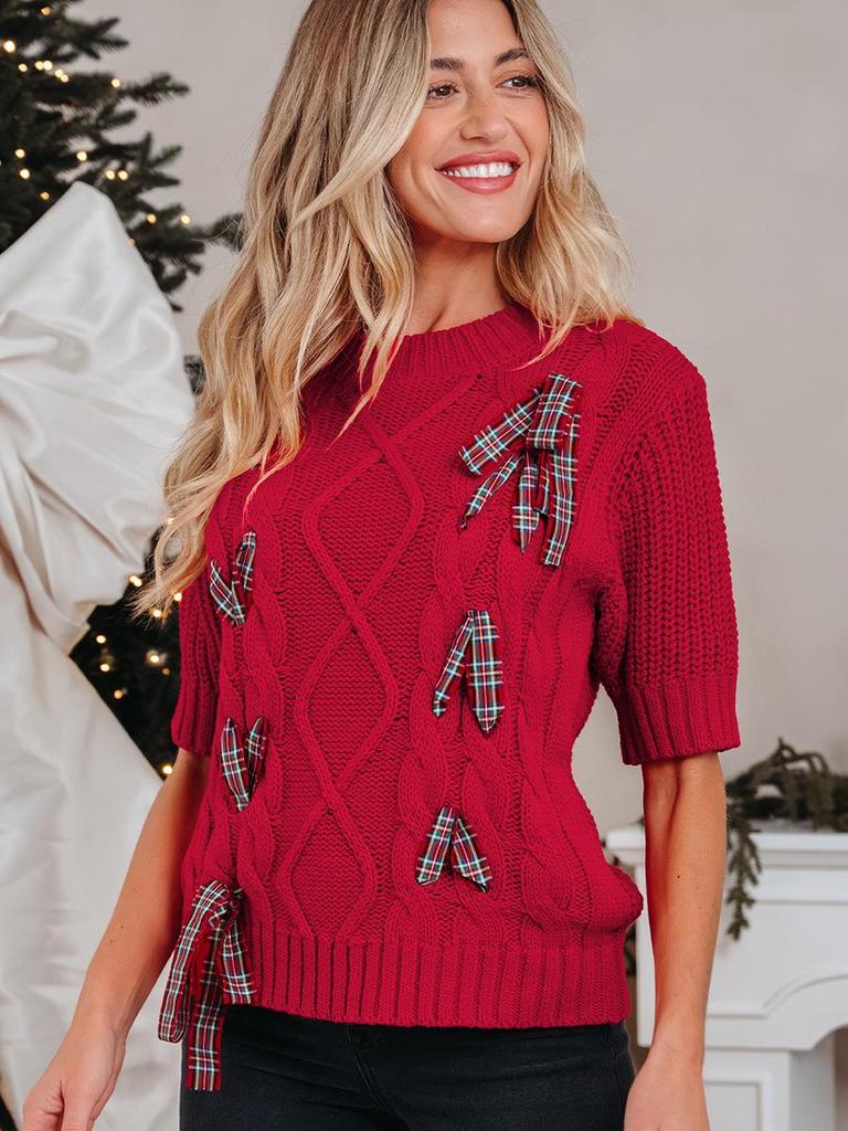 Autumn 2025 Women's Fashion Pullover: Short-Sleeved Bow Tie Knit Top