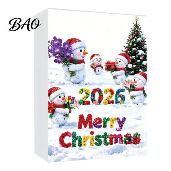 Holiday Gift Ideas Snowman Advent Calendar, 24Pcs Acrylic 2D Hanging Ornament Set Christmas Scene Decoration with Bouquet Flowers, Tree Decor,