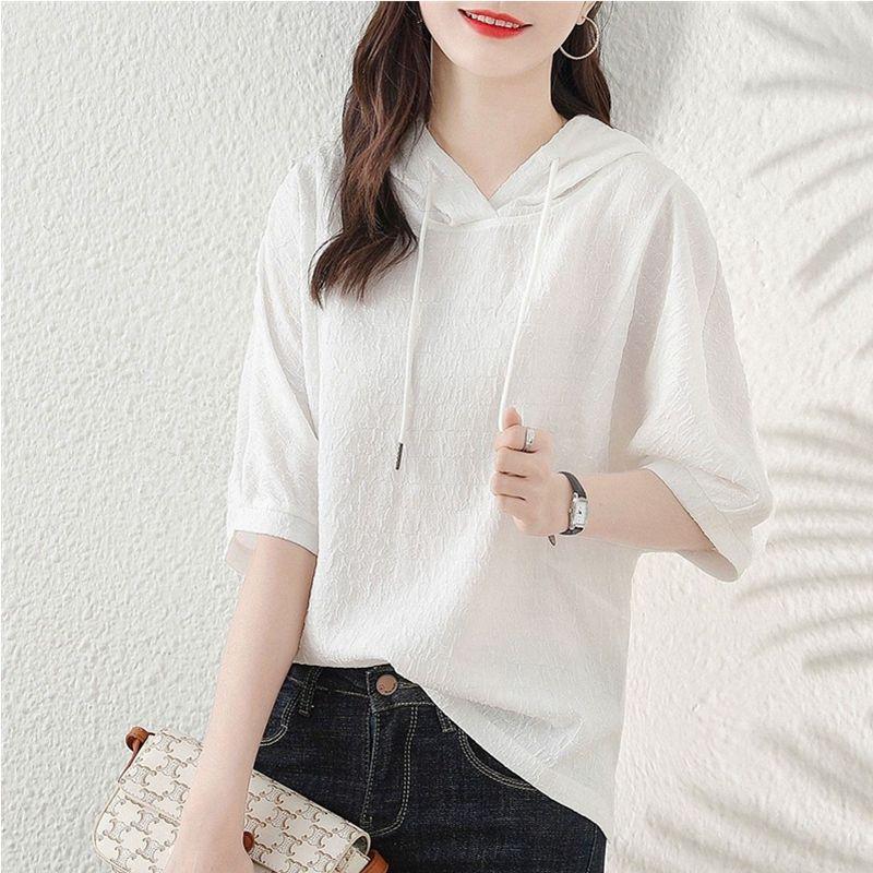 

Лето 2024 Минималистичный С высокой талией Разрез Текстурный узор Свободный Повседневный Спорт Универсальный Однотонный Худи с капюшоном и короткими рукавами L белый