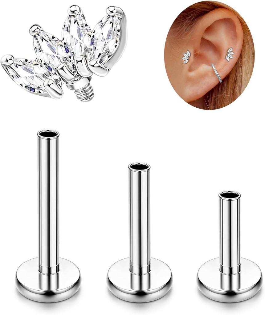 Bobisty G23 Titanium Tragus Conch Helix Piercing Jewelry 6mm 8mm 10mm Internally Threaded Flat Back Stud Earrings Tragus Jewel