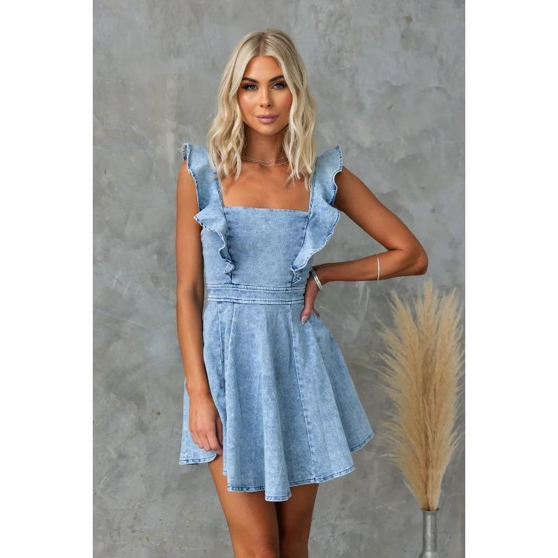 VEZFAA Women's Fashion Summer Spring Solid Color Print Sleeveless Suspenders High Waist Casual Dresses