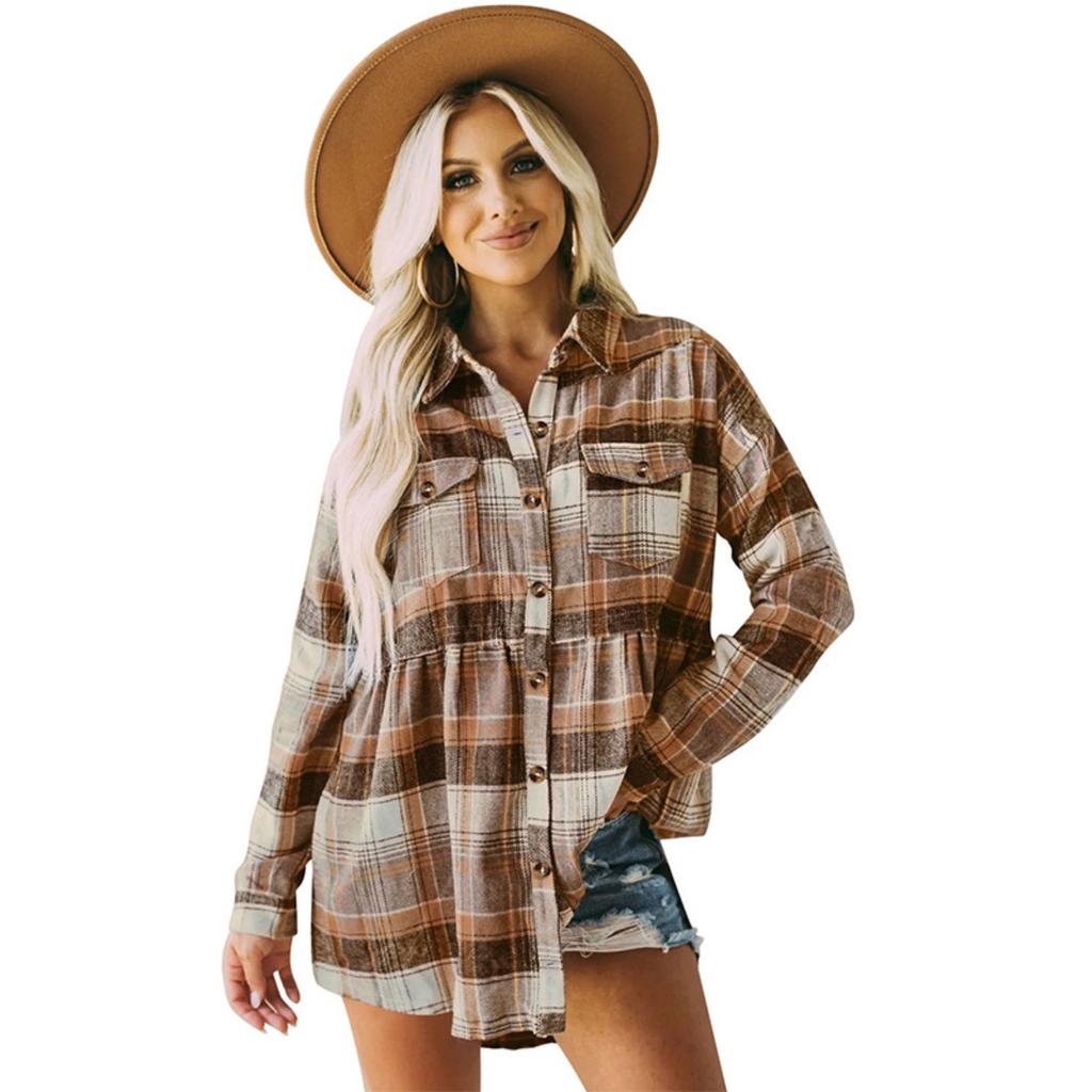 Damen Karohemd, Herbst Winter Langarm Reverskragen Lässige Bluse Mit Tasche, Europäischer Amerikanischer Stil Damen Oberteil
