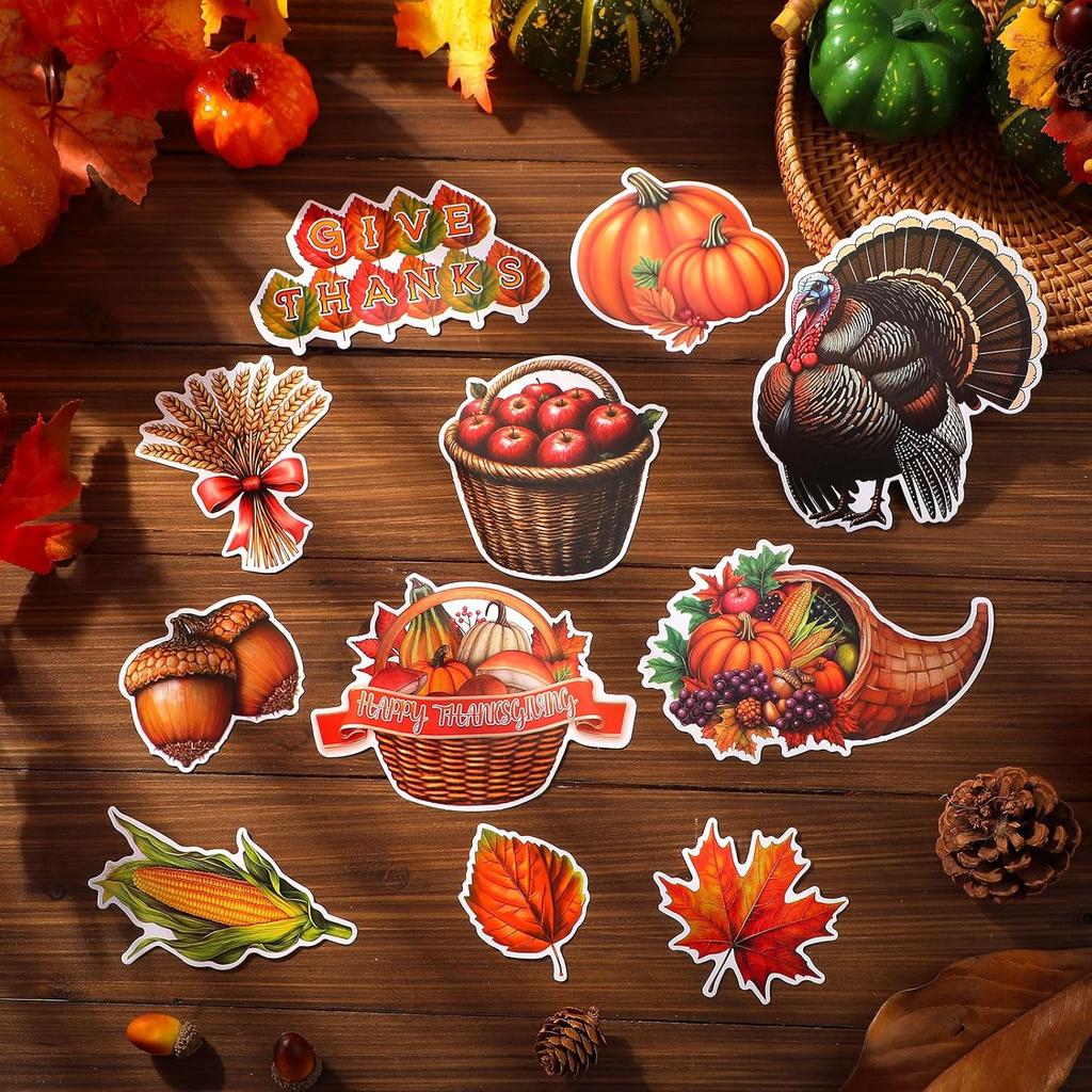 60 Pcs Thanksgiving Cutouts Fall Bulletin Board Decoration Turkey Leaves Pumpk Acorn Cutout for Thanksgiving Fall Harvest School Office Classroom