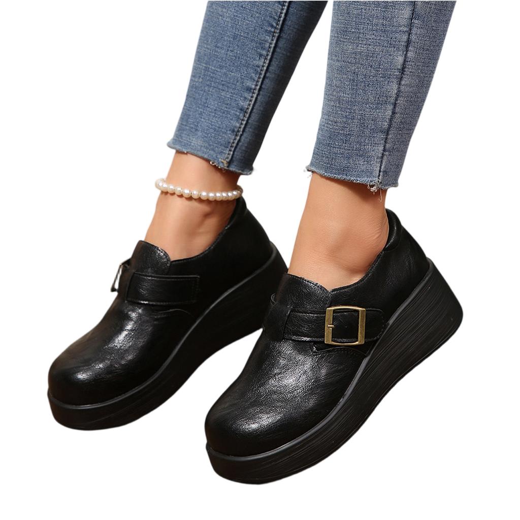 Women's Platform Loafers with Round Toe and Buckle Strap Slip-On Design Comfortable Thick Sole Casual Shoes for Daily Wear
