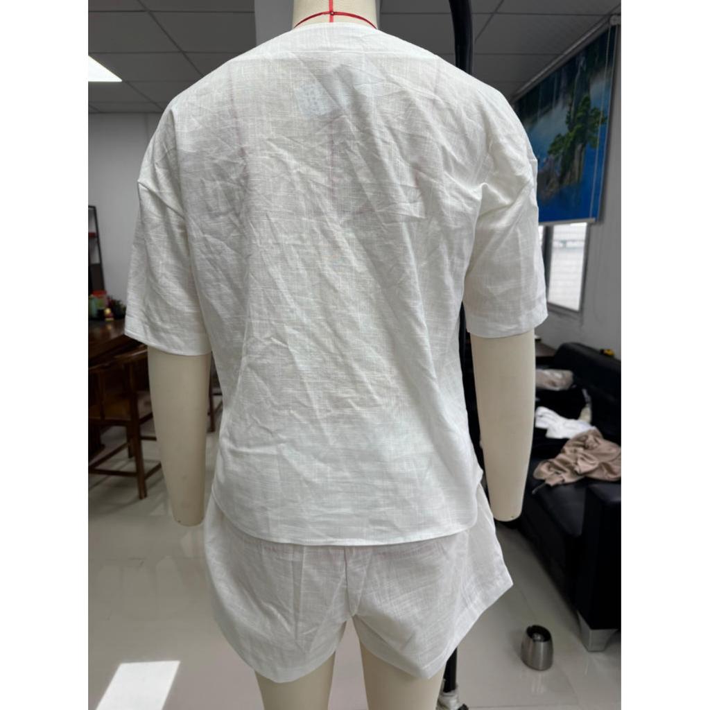 Summer Women's Solid Color Casual 2-Piece Set, Lace-Up Short Sleeve Cardigan Shirt + Loose Shorts