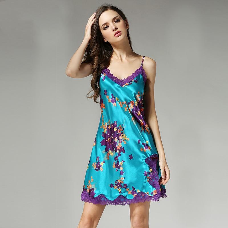 

Женская кружевная шелковая ночная рубашка из натурального шелка XL синий