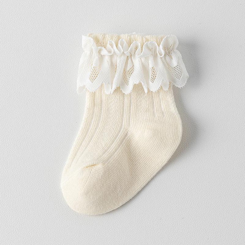 

Детские носки из гребенного хлопка с кружевом до середины икры на все сезоны S 0-1 years, foot length 9-11CM бежевый