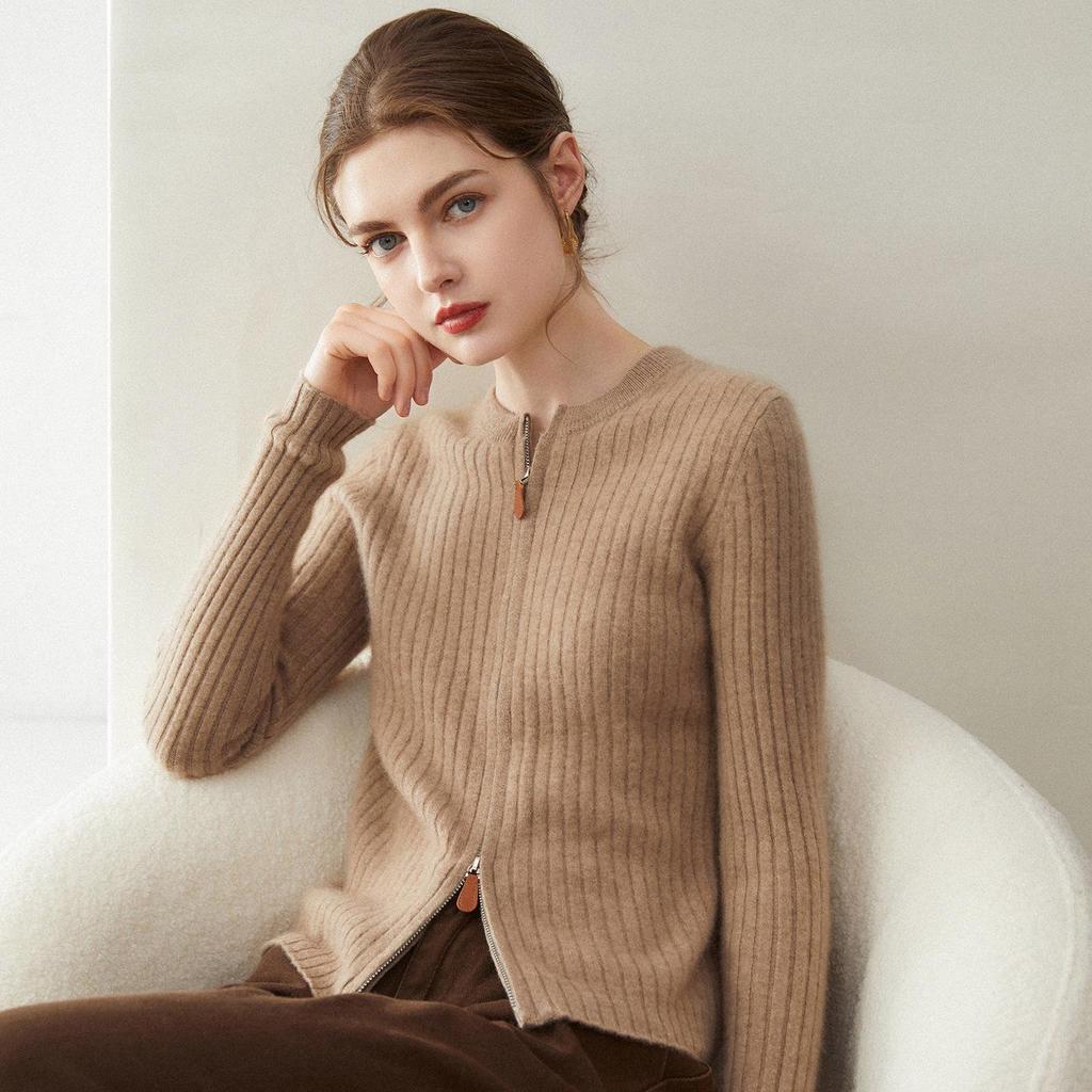 Women's 100% Cashmere Round Neck Slim Fit Zipper Cardigan Sweater