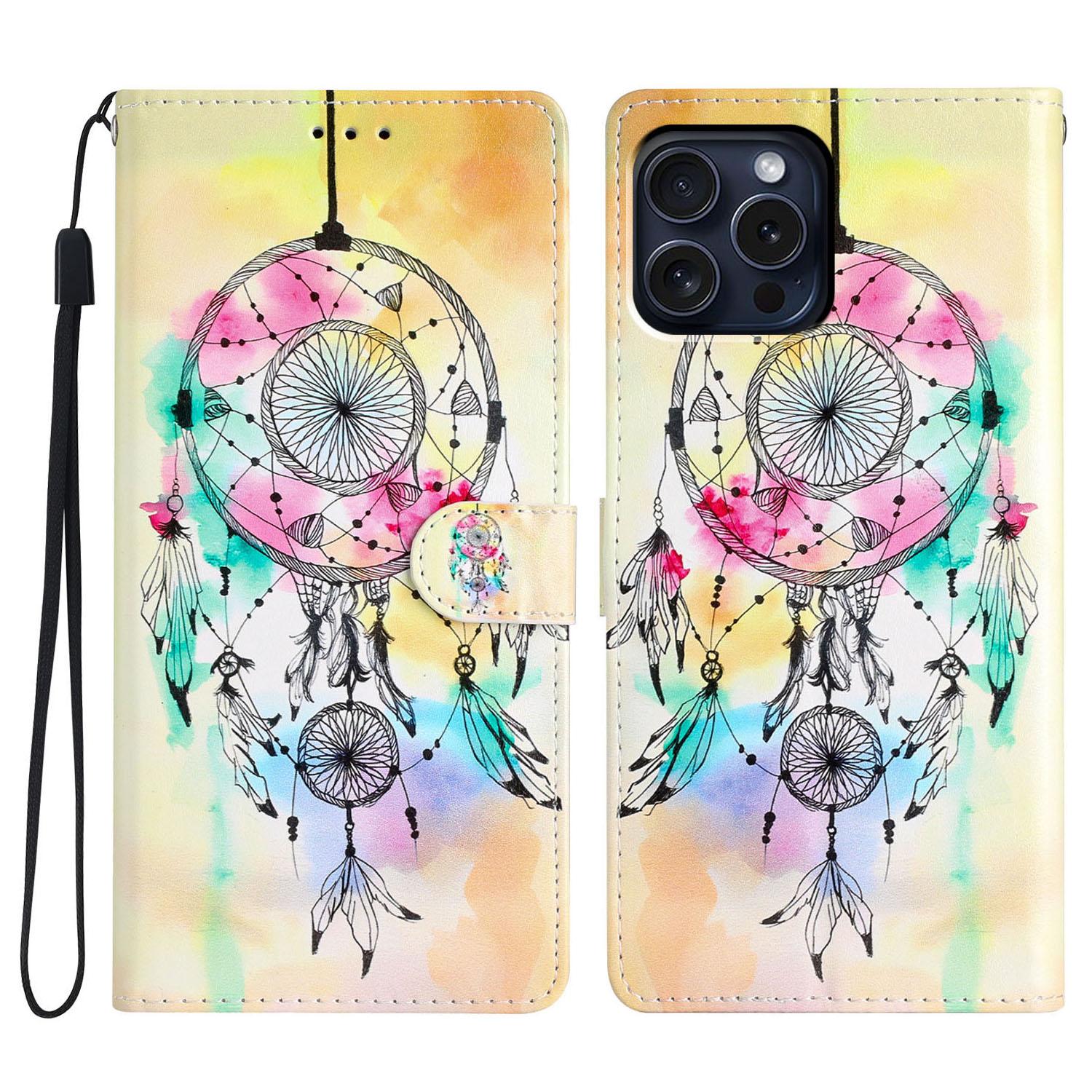 

For iPhone 16 Pro Max Case Pattern Print PU Leather Card Slots Phone Cover with Wrist Strap Wind Chime
