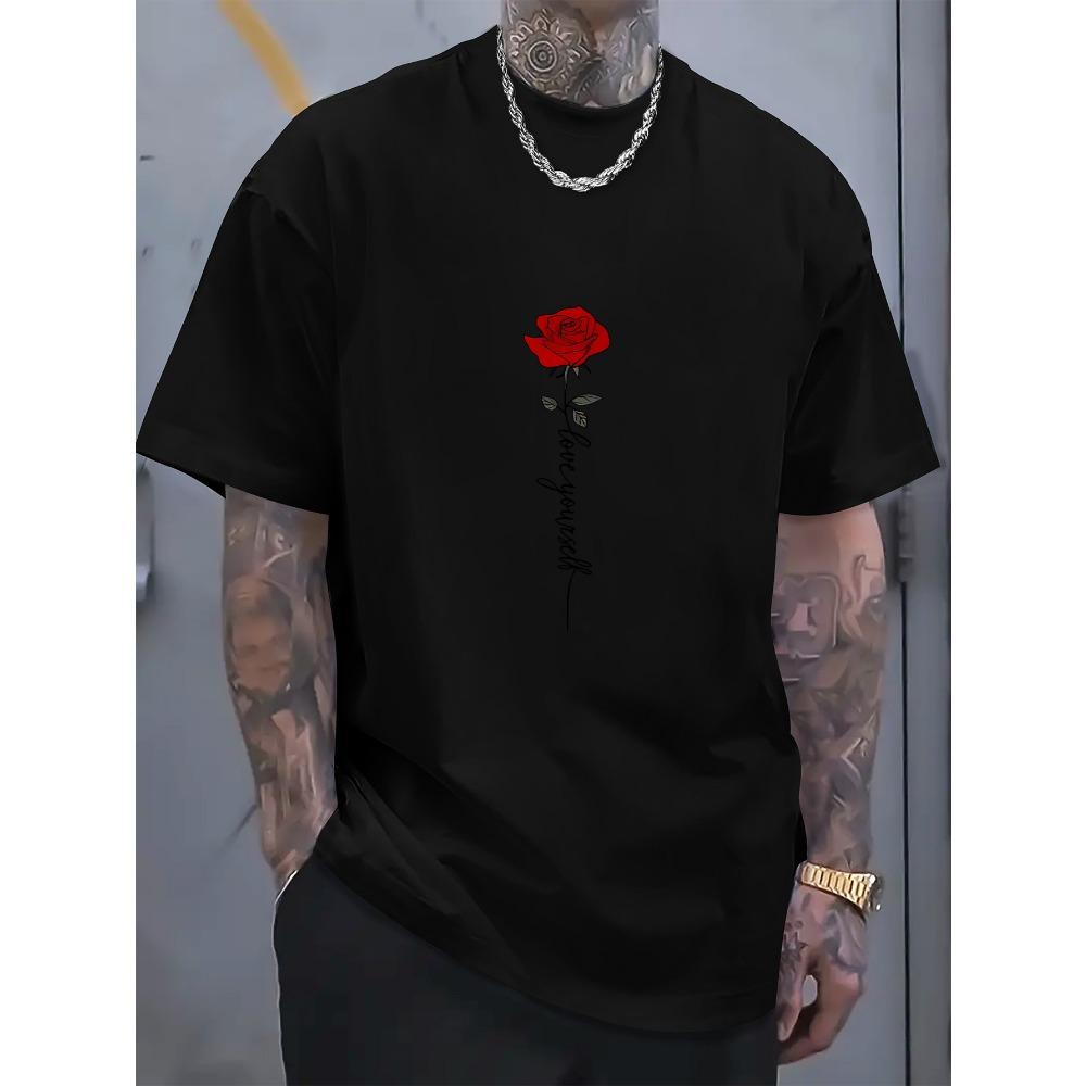 Men's summer fashionable casual sports loose red rose pattern printed round neck short sleeved T-shirt top