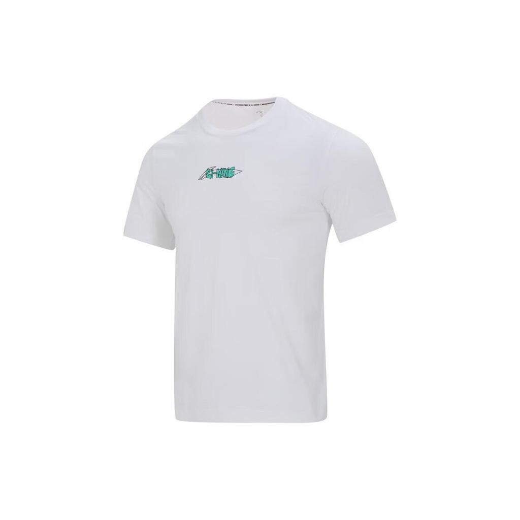 Li Ning Badminton Series Printed Letter Round Neck Pullover Short Sleeve T-Shirt Unisex Tops Standard-White AHST703-1