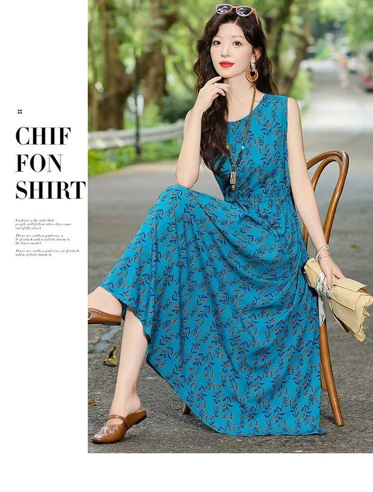 New Summer Floral Cotton-Silk Sleeveless Dress - Plus Size, Loose Fit, Slimming, Vacation Style Mom’s Long Dress
