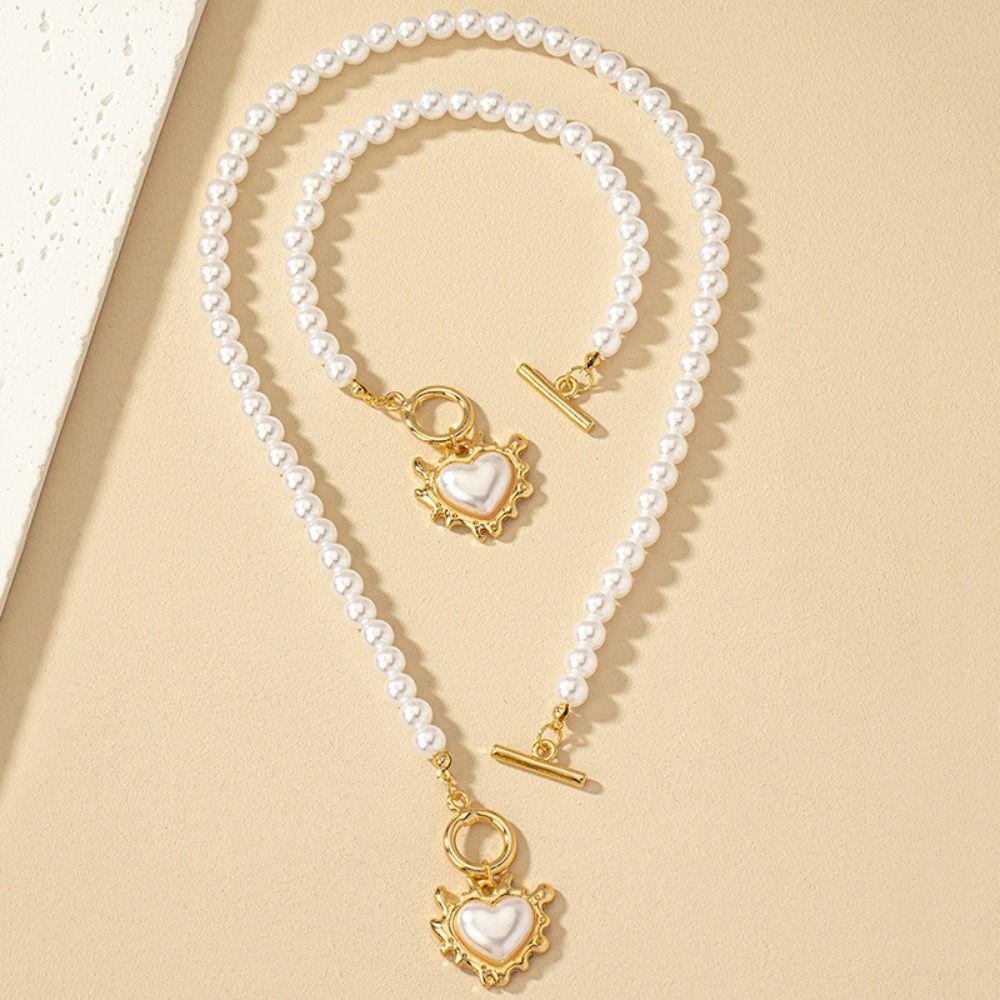 Beaded Heart Pendant Jewelry Set Crystal Pearl Necklace Set Necklace Bracelet Set  Wedding Party