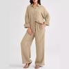 Traje de Moda Primavera y Otoño Blusa Camisa Casual Holgada Pantalones de Pierna Ancha Conjunto de Dos Piezas Mujer