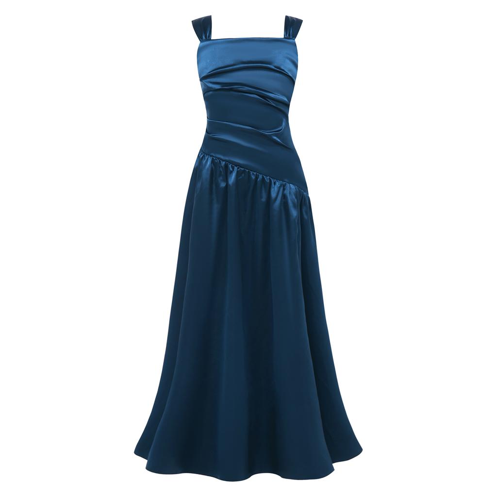 Robe de Soirée Satinée Fleurie pour Fille Sans Manches Corsage Froncé Taille Basse Asymétrique Robe Coupe A Ligne Fente Latérale pour Mariage Baptême