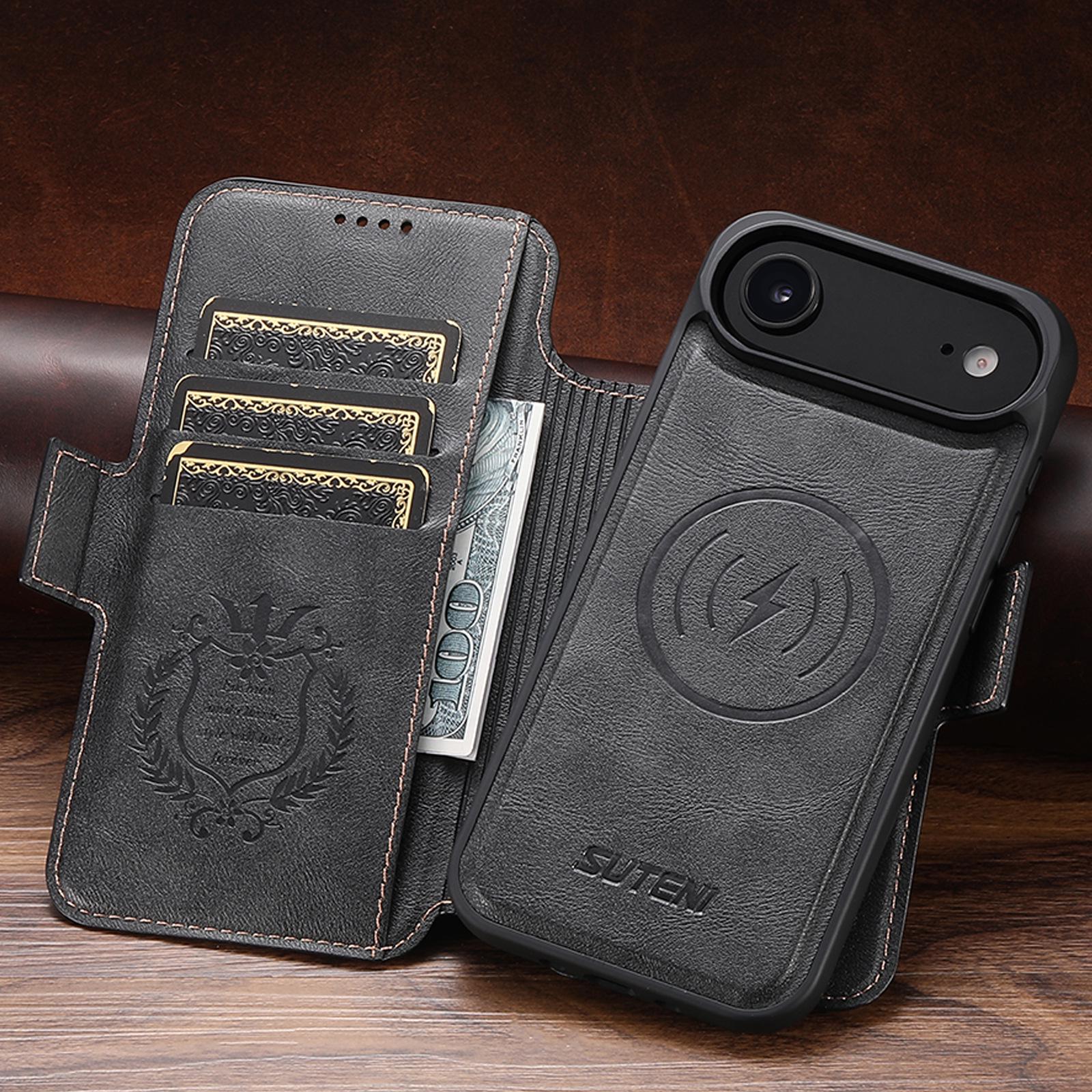 

iPhone 17 Pro Max Flip Case with Card Slot, Magnetic Snap, Wireless Charging Stand, Leather iPhone 15 Plus чёрный