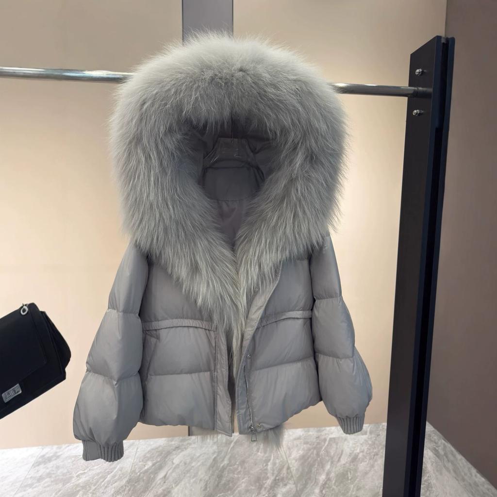 Winter increase natural real raccoon fur collar placket goose down jacket versatile high-end sense loose warm jacket women