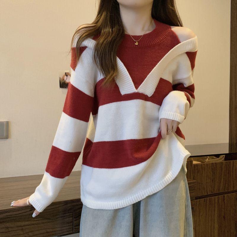 Spring Autumn Loose Stripe Sweater Women Off Shoulder Design Fake Two Piece Pullover Knit Base Layer