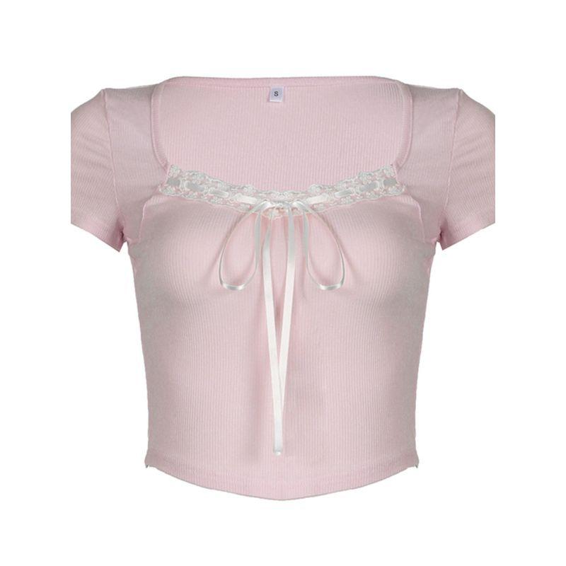 2024 Pure Desire Young Adult Lace Stitching Tied Square Collar Short Sleeve T-shirt All-Match and Sweet Slim Looking Short Top