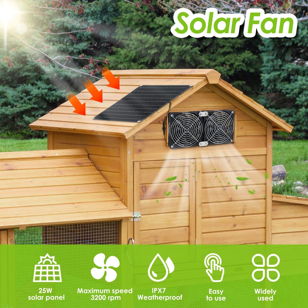 25W 12V Solar Fan Outdoor Fan with 2 IPX7 Waterproof Fans, Pet Chicken Coop Cooling Fan Set