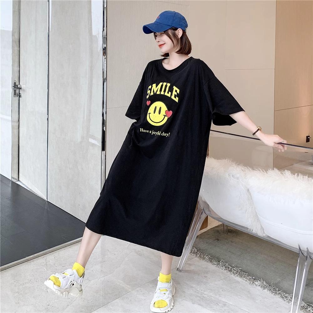 Korean version of summer loose loungewear lazy style round neck letter printing long cotton T-shirt maternity dress women