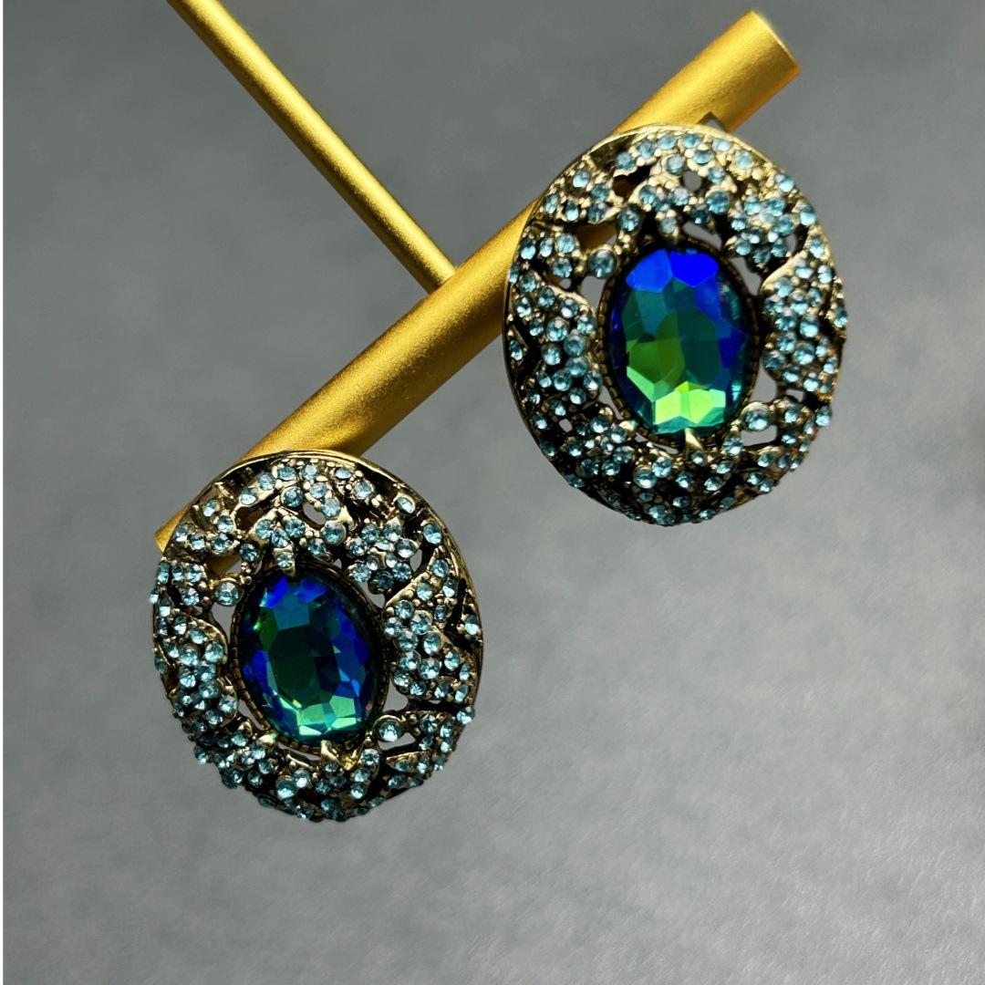 

Vintage Palace Full Set Lai Ying Stone Earrings With Tassel Design Heavy Industry Quality High Sense синий