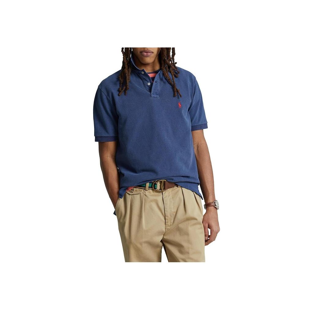 Polo Ralph Lauren SS23 Jednobarevné Pletené Přehozy s Vyšívaným Logem Střih Straight Krátký Rukáv Pánská Polokošile Modrá 710850860-010